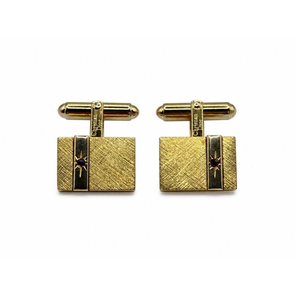 Christian Dior Signed Gold Plated Rectangle Red Stone Bullet Back Cufflinks